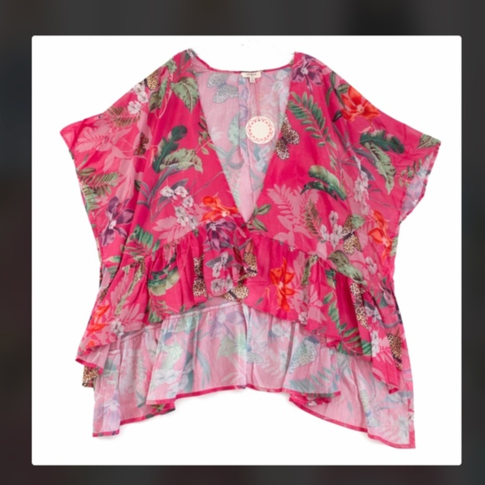 NWT UMGEE Open Kimono S/M Hot Pink Batwing Floral Tropical Swim Cover-Up Satin